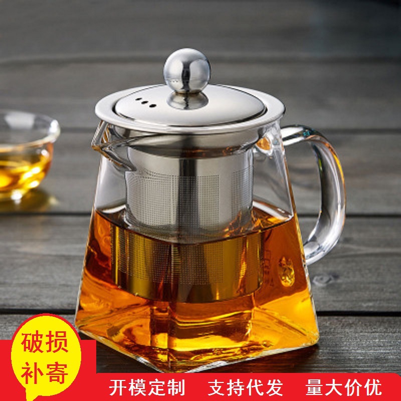 Tetera cuadrada de vidrio grueso con filtro de acero inoxidable resistente al calor, para té de flores/infusión, venta al por mayor de fábrica