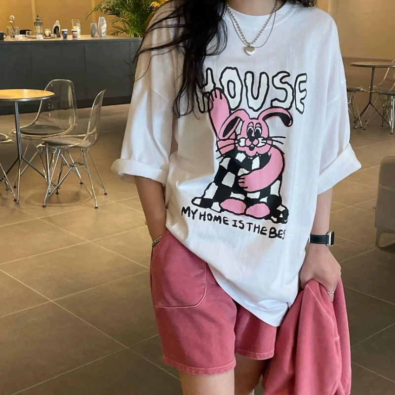 В наличии Корейская милая крутая девочка, уменьшающая возраст мультяшный кролик, игривый принт, свободная ленивая повседневная футболка с короткими рукавами, топ