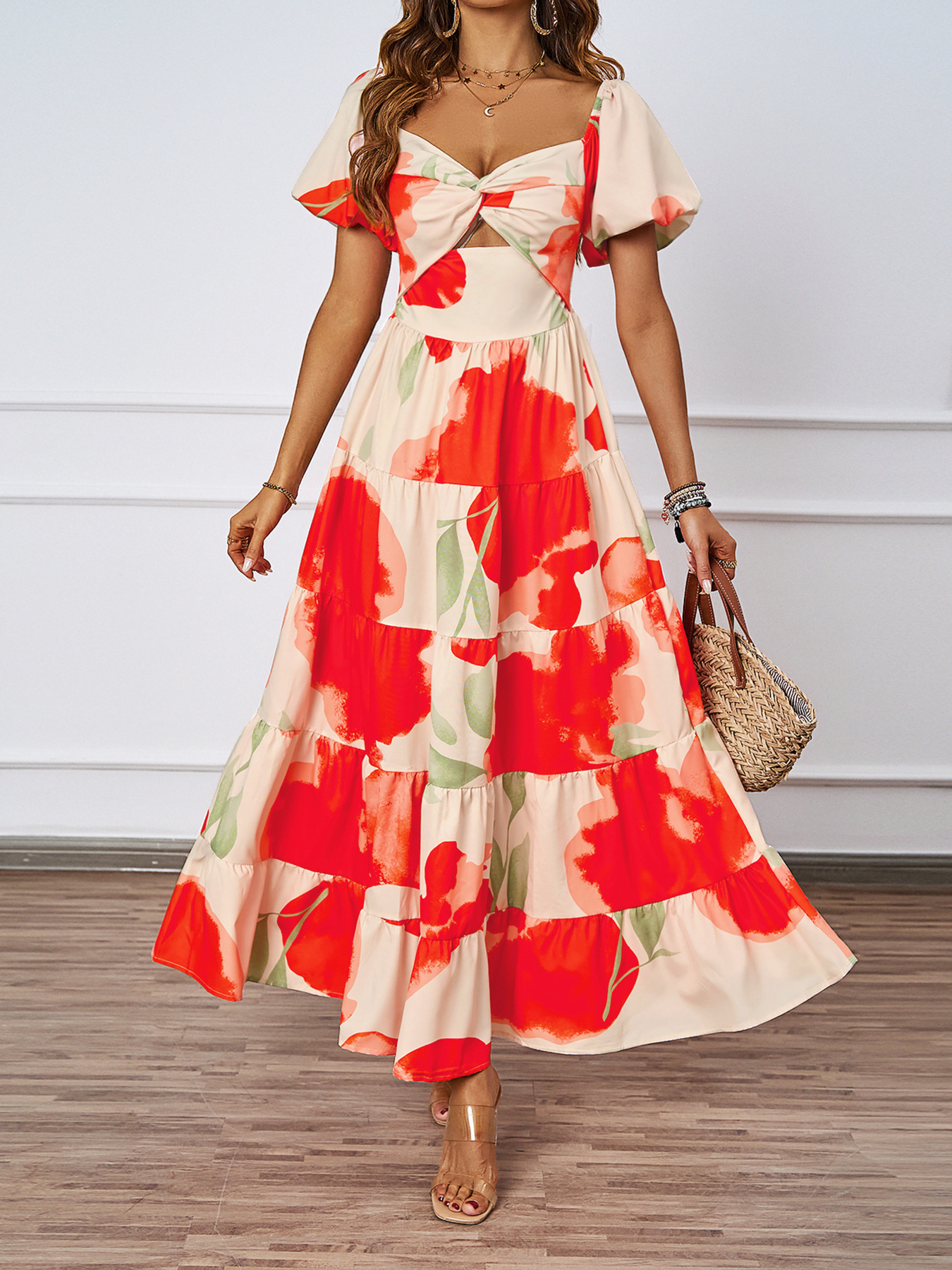 455g Weight Maxi Long Dress Dress Length Type Short Sleeve Sleeve Length Swing Dress Dresses Type Puff Sleeve Sleeve Type Polyester Fabric Type High Waist Waist Line Holiday, Daily Occasion Off Shoulder Neckline Regular Fit Fit Type Color Block, Painted Flower Pattern Summer Season Women's Gender Printing Design Elegant, Streetwear Style Wholesale Women's Elegant Streetwear Printing Color Block Painted Flower  Holiday Daily Off Shoulder Short Sleeve Swing Dress 8