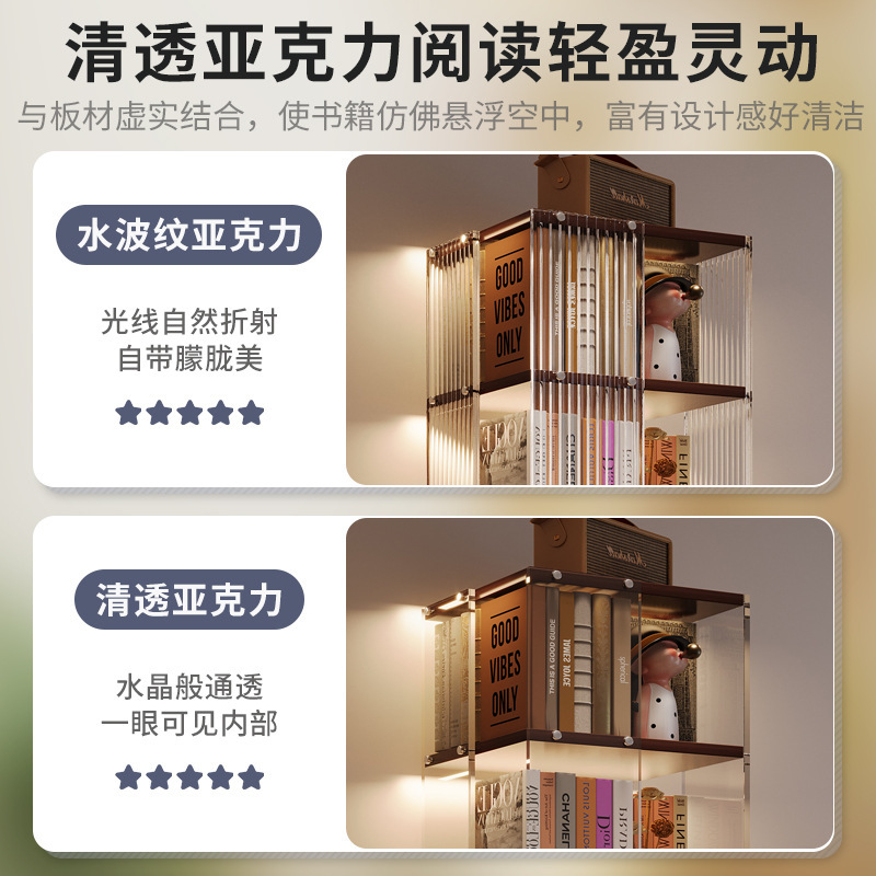 Estante de libros giratorio acrílico de 360 grados al lado del escritorio estante de almacenamiento de suelo móvil tablero ecológico de madera sólida