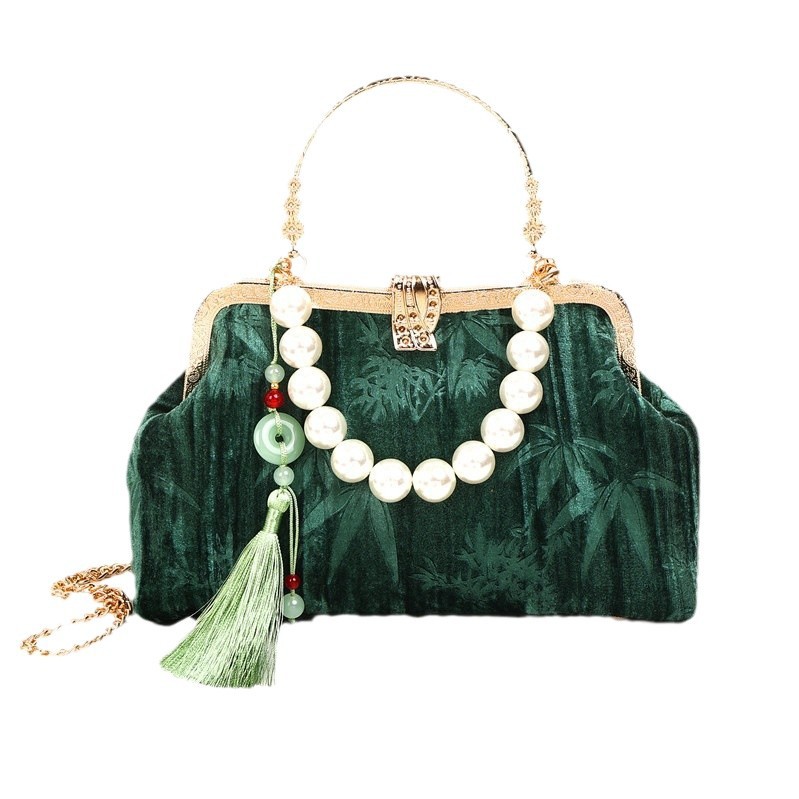 Broderad retro handväska för dam med pärlor och kedja_voghion.com