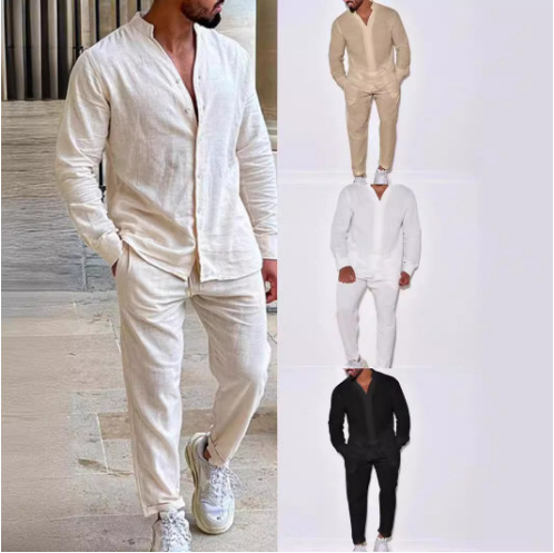 Cross-border European and American Sports suit Men's Linen Autumn Casual suit Long-sleeved Fashion Workwear Trousers Foreign Trade Two-piece Set