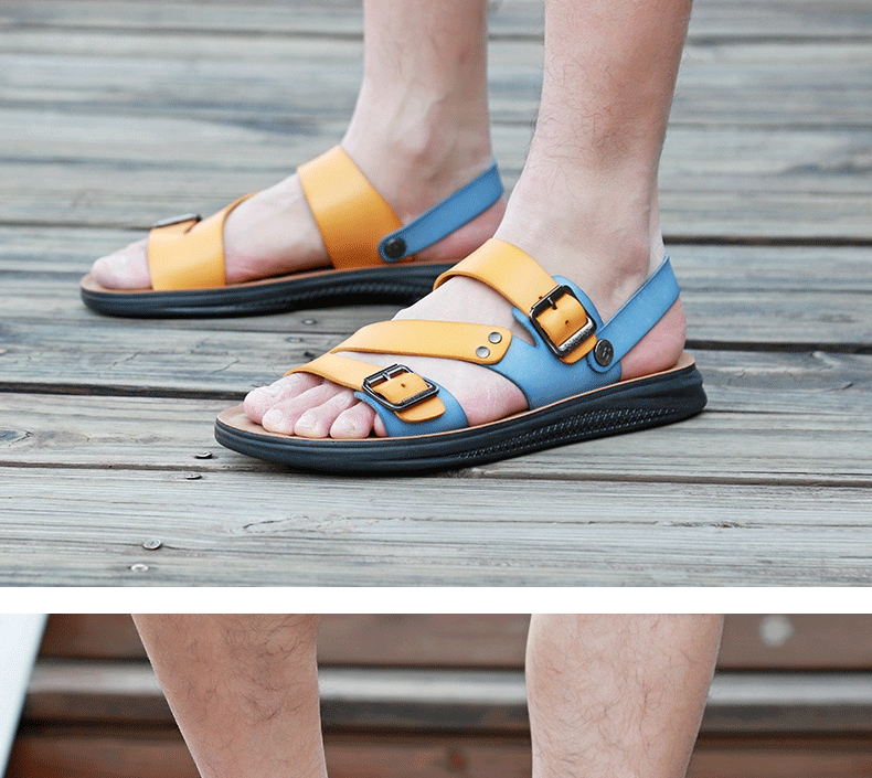 Dép sandal nam cỡ lớn hở ngón đi biển thoáng khí — Vàng Xanh lam, Đen trắng chi tiết 14