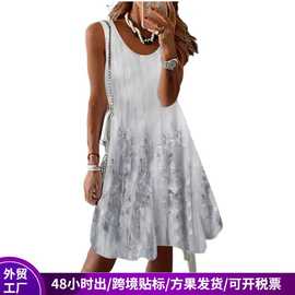 外贸3d数码印花无袖大码女装连衣裙时尚花朵图案弹力圆领夏季裙子