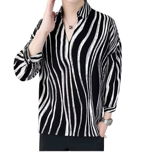 Men's V-neck Short-sleeve Ice Silk T-shirt, Summer Trendy Loose and Thin Collar Shirt Style, 7/8 Sleeve, Collarless T-shirt