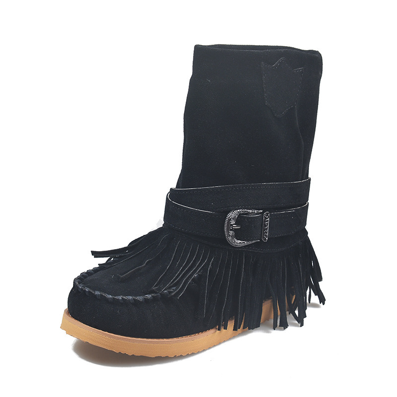 Women's Mid Calf Cowboy Boots Flat Heel With Tassel And Buckle_voghion.com