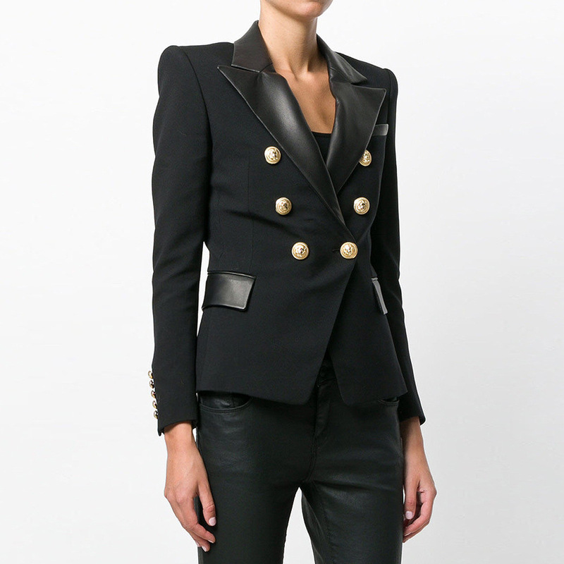 In-Stock Spring and Autumn New Fashion Patchwork Pu Leather Slim-Fit Long-Sleeve Lapel Double-Breasted Blazer Jacket 23923