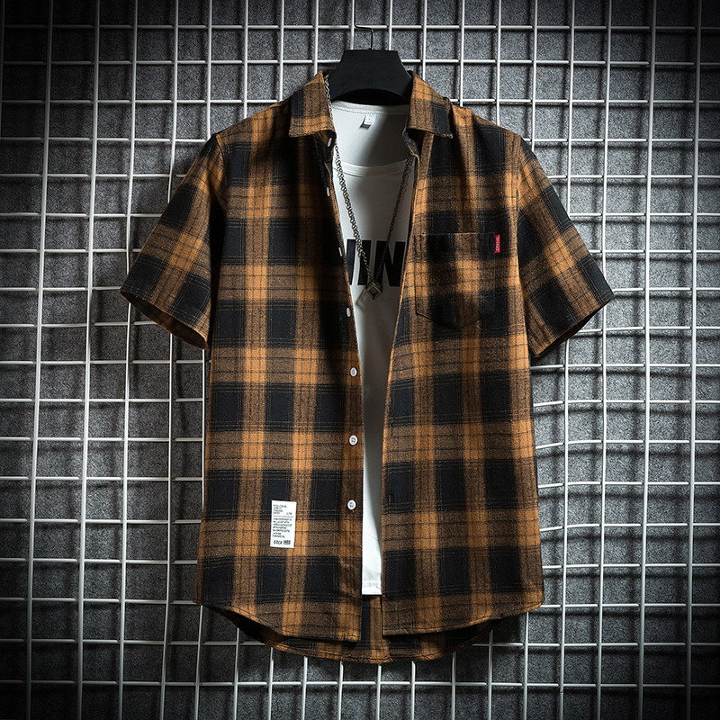 Independent station men's casual shirt Japanese lapel Street plaid short-sleeved jacket wholesale trendy men's short-sleeved shirt