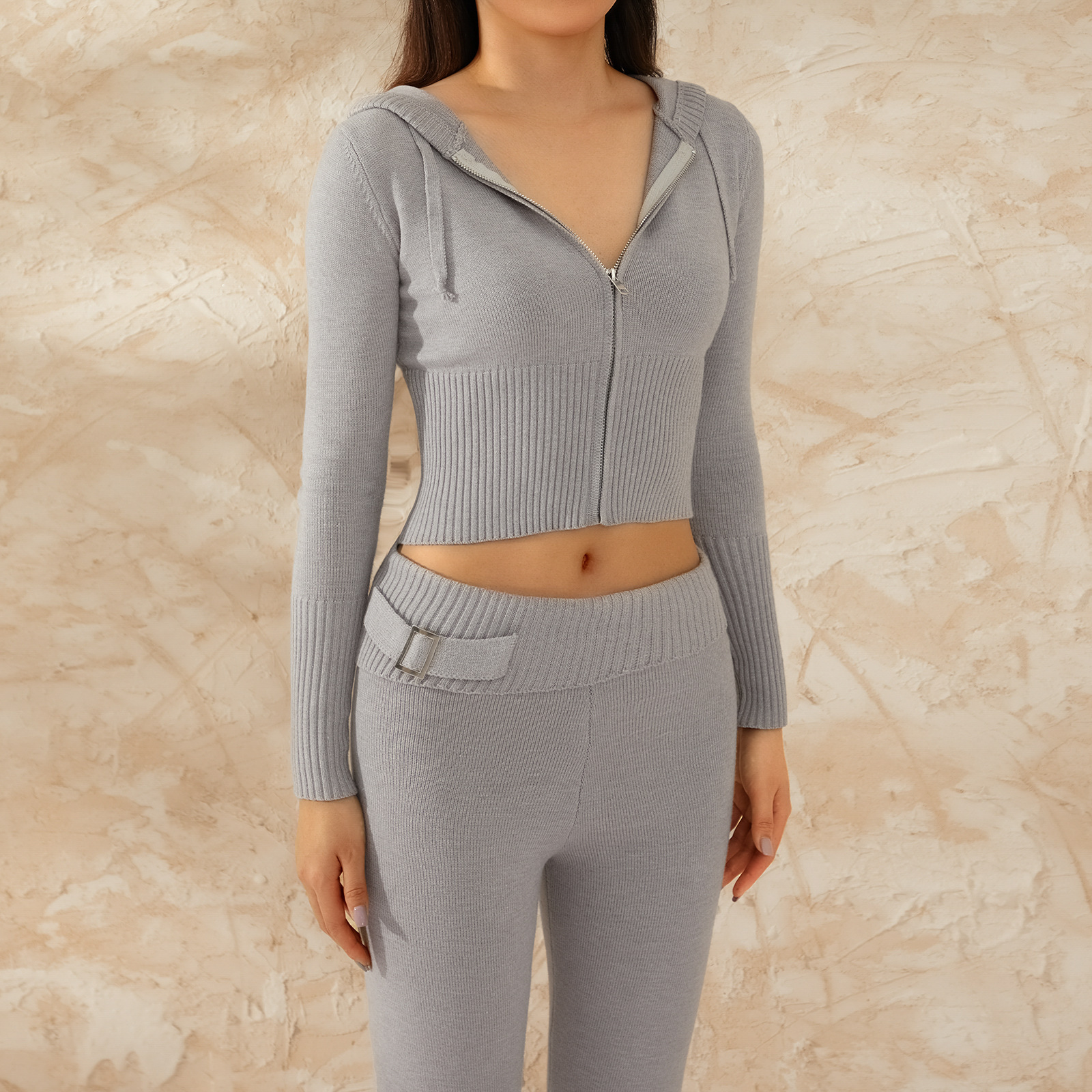 Ensemble deux pièces en tricot à capuche pour femme, pantalon sexy à manches longues et taille haute, à la mode_voghion.com