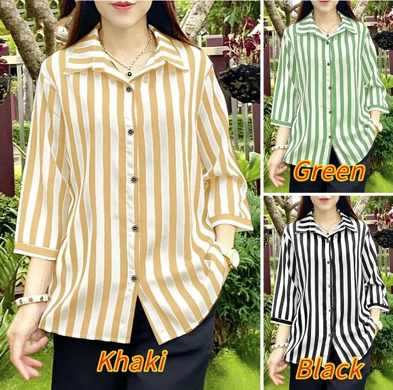 2026 Summer Women's Striped Shirt 3/4 Sleeve Button-Down Loose Casual Top