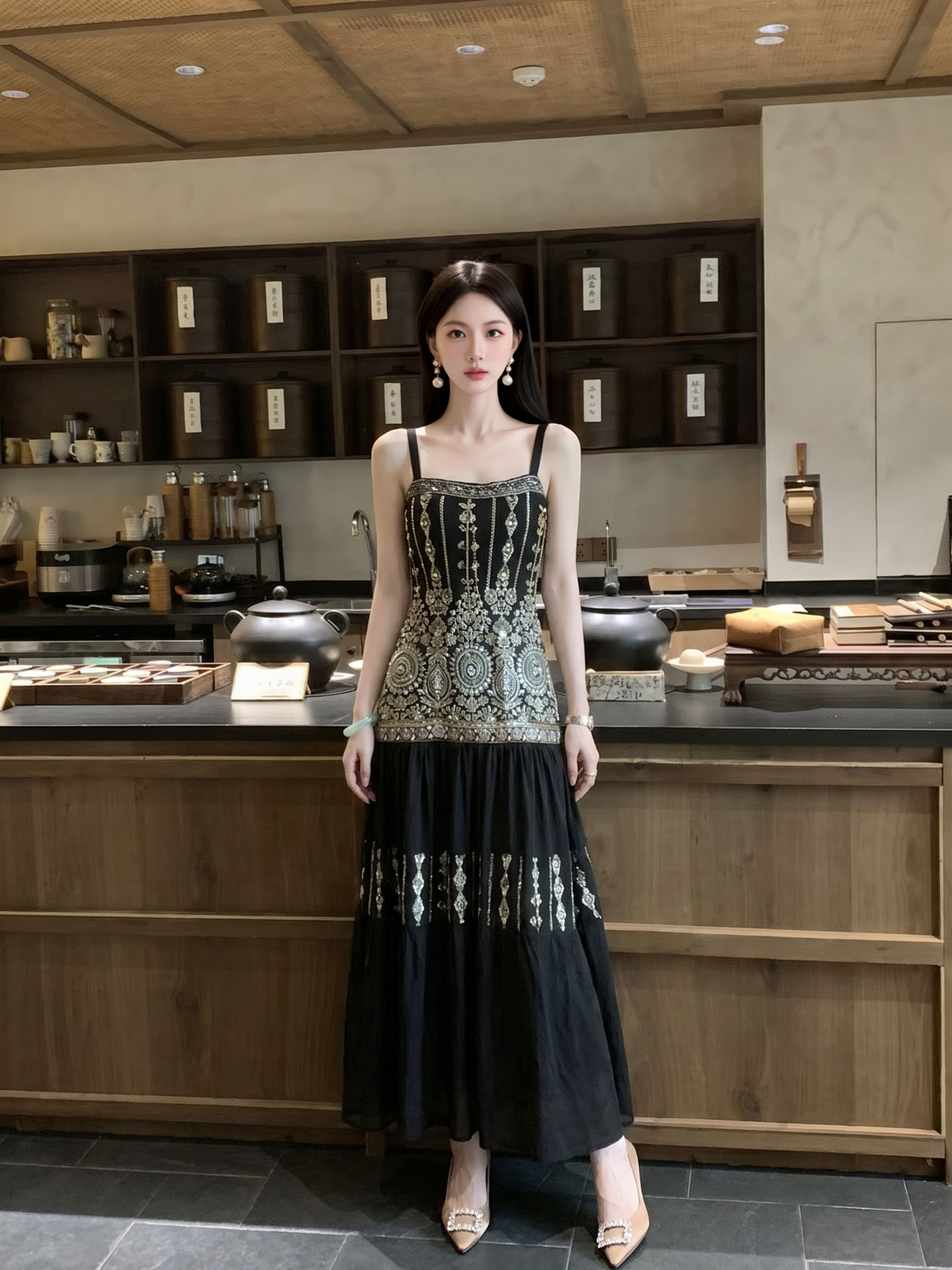 Đầm maxi nữ thắt eo phong cách tân cổ điển đính kết cườm thêu hoa — màu đen