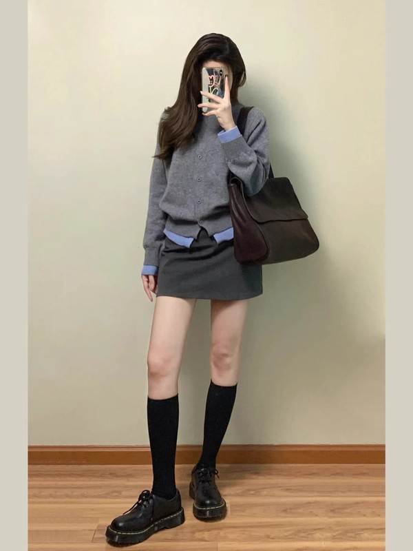 韩版hiphop灰色软糯针织衫女春秋高级感气质休闲百搭纽扣开衫外套|undefined