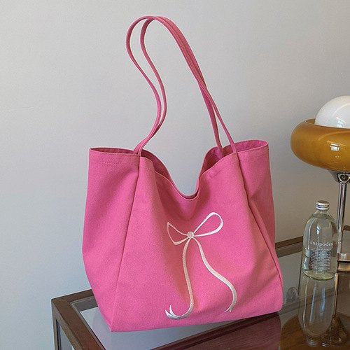 Large-capacity bow embroidery canvas tote bag for women, teenage girl's heart cute single-shoulder cloth bag for commuting and working, hand-held