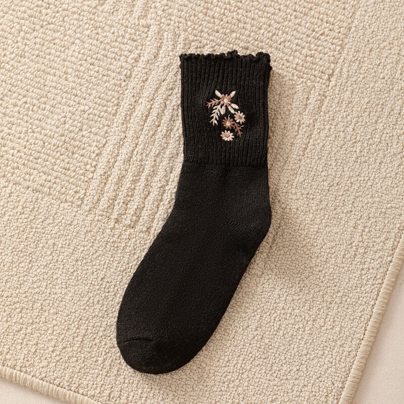 秋冬加厚女袜毛绒保暖袜子女花边复古文艺长筒袜木耳边花朵毛袜|undefined