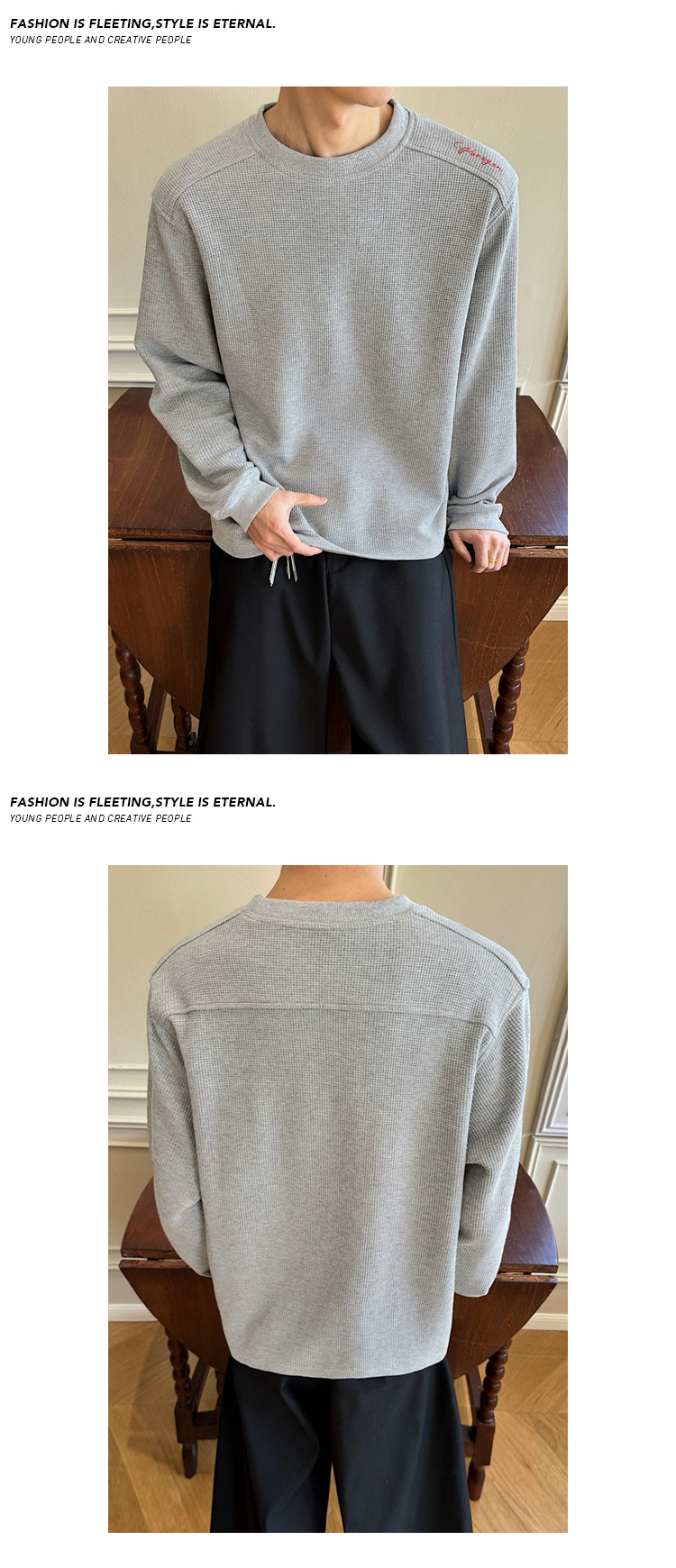 Men's Long-sleeve Waffle T-shirt With Embroidered Red Label Logo_voghion.com