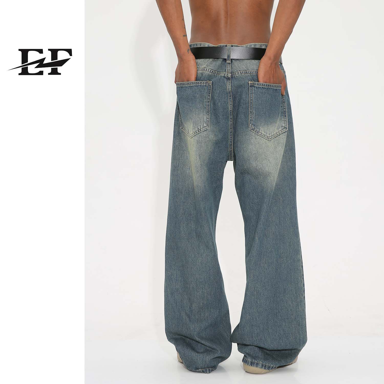 EF Cowboy | Pantalones vaqueros desgastados para hombre, pantalones anchos y holgados lavados, estilo retro, sencillo y versátil