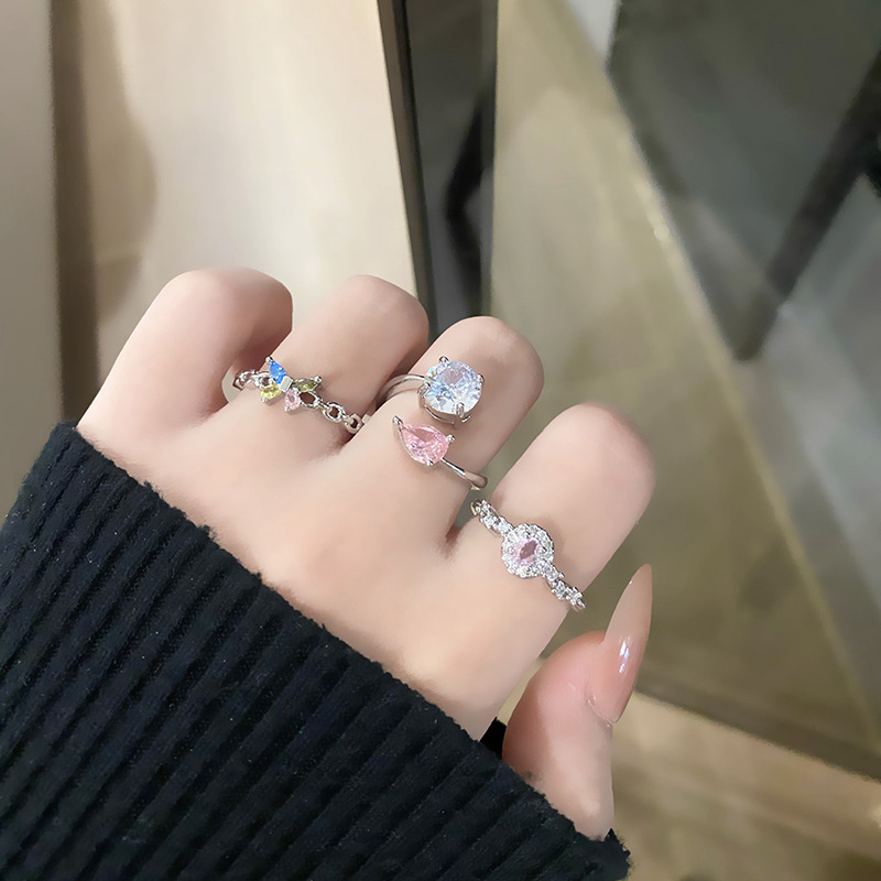 輕奢粉鑽鋯石開口戒指女小眾設計個性簡約百搭氣質疊戴冷淡風指環