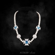 马耳他镶钻十字架蓝石珍珠拼接项链轻奢小众设计潮流配饰