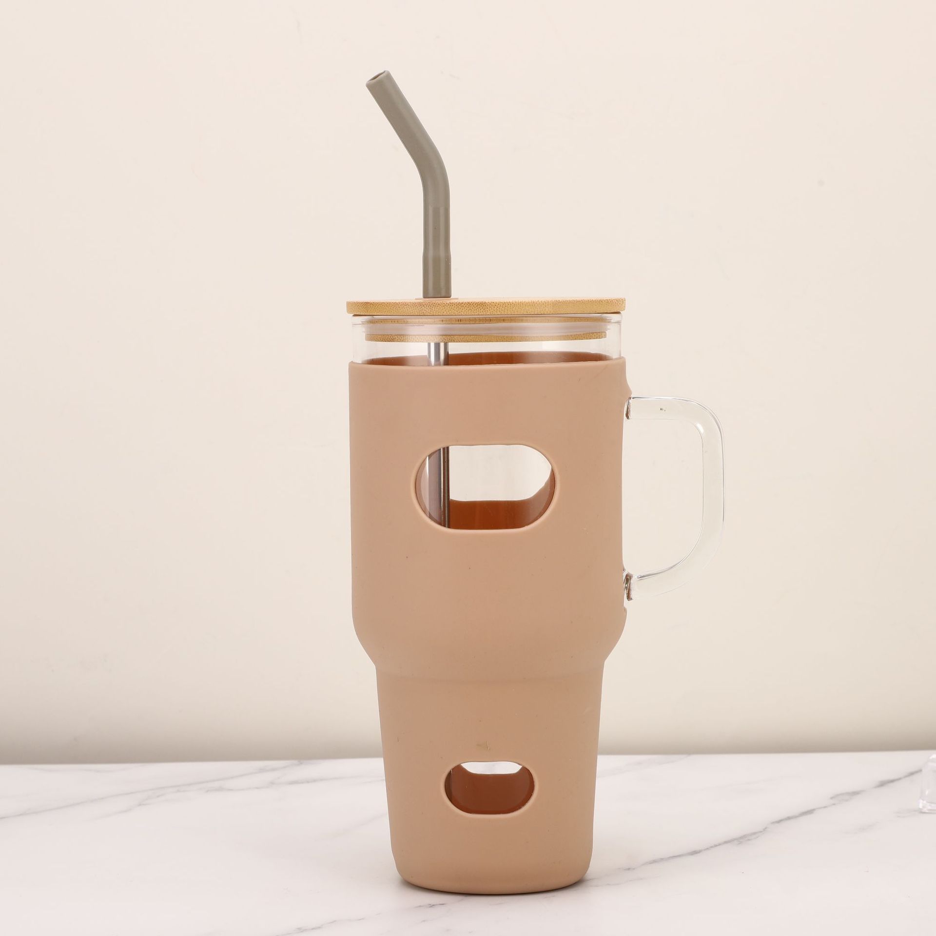 Paso-en 32oz taza de helado taza de paja de vidrio de comercio exterior cubierta de cuero taza de coche taza de café de gran capacidad taza de mango de coche