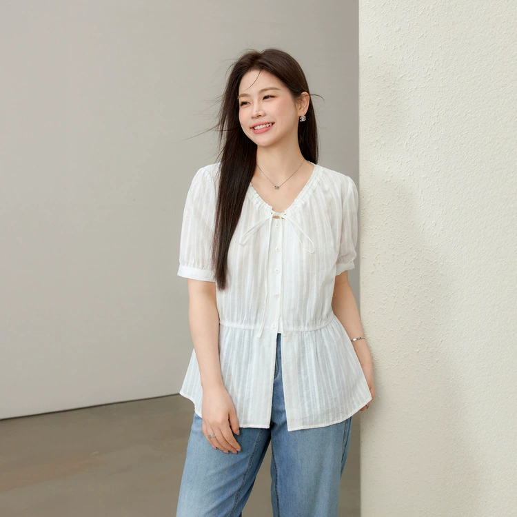 [Light Cloud Tulle] Легкая и дышащая жаккардовая рубашка из чистого хлопка с v-образным вырезом, тонкая и красивая женская рубашка больших размеров, летний новый стиль