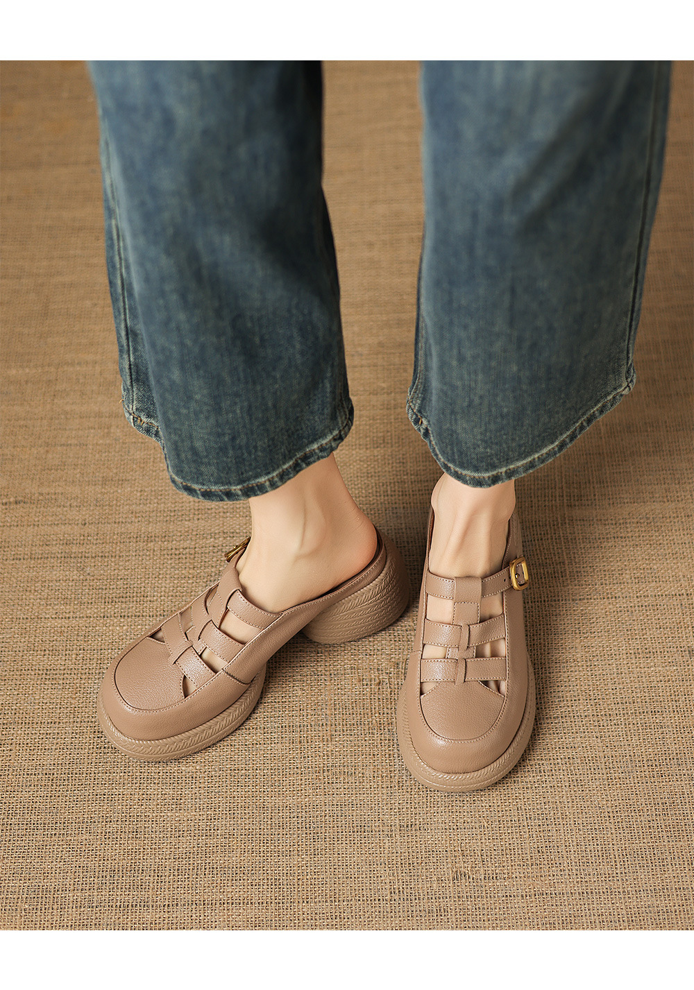Sandal cao gót nữ mũi hở đế dày da cừu kiểu dệt lỗ — màu trắng ngà chi tiết 2