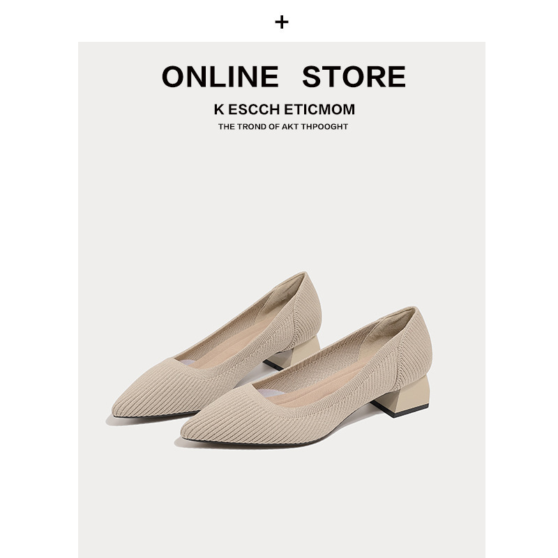 Japanese-Style Princess Shoes Mid-Heel 2022 New Pointed Shallow Mouth Single Shoes Chunky Heel Knitted Fly-Knit Shoes Korean Version High Heels for Women