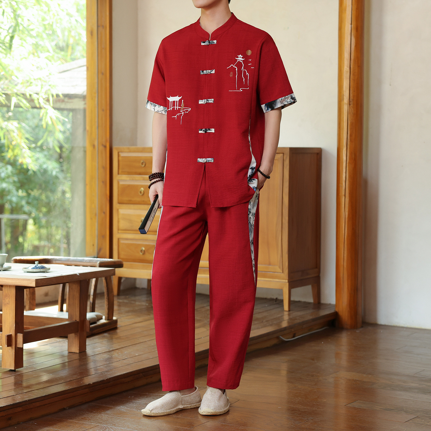 中国风男装汉服套装男士短袖中式休闲唐装开衫民族夏季薄款两件套