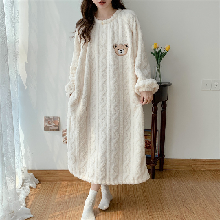 Coral Fleece Pajamas Women's Spring Autumn and Winter 2024 New Long Sleeve Nightgown Women's Thickened Cute plus size Pregnant Women's Home Clothes