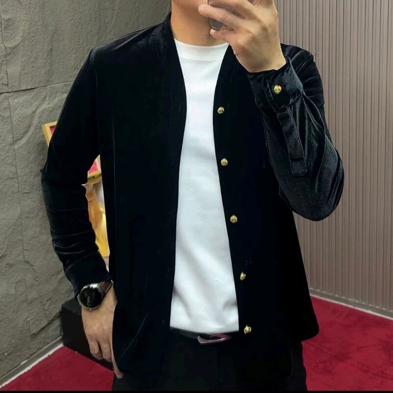 Business Casual Casual Fashion Men's Long-Sleeved Cardigan Collarless Gold Velvet Slim Fit Pure Color Shirt 68256