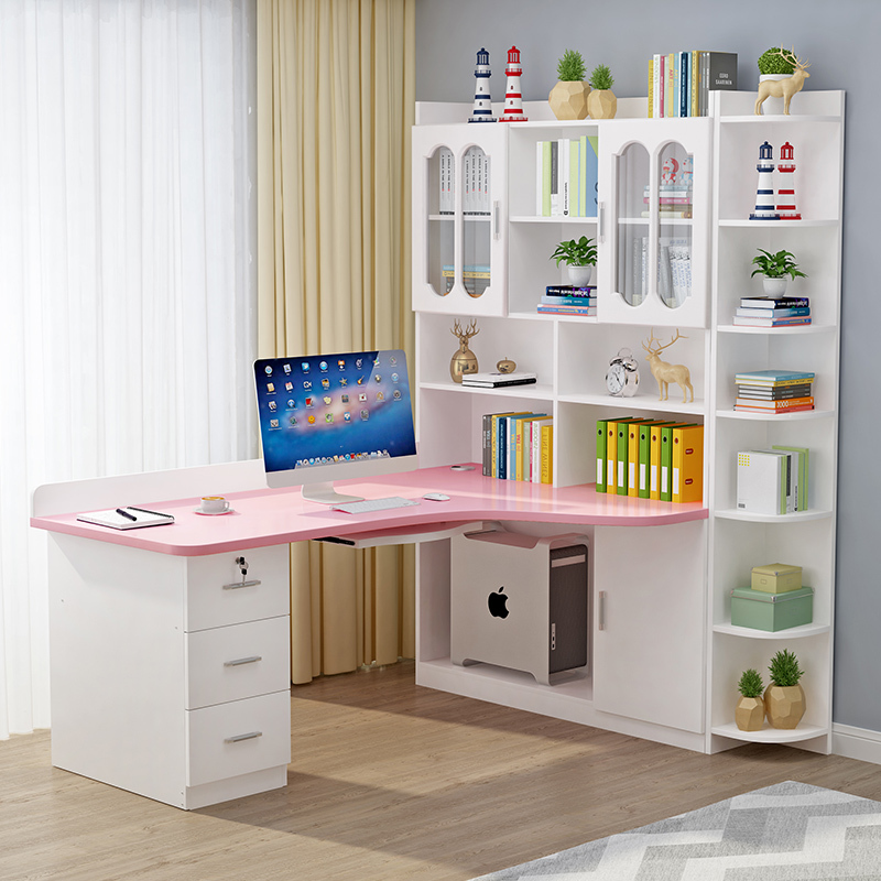 Solid wood corner computer desk, desktop home student writing desk with bookcase, corner desk with integrated bookshelf