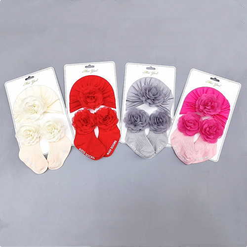 Autumn and winter baby fetal cap red chiffon flower hat cute boneless socks set baby fontanel protection Indian hat New Year