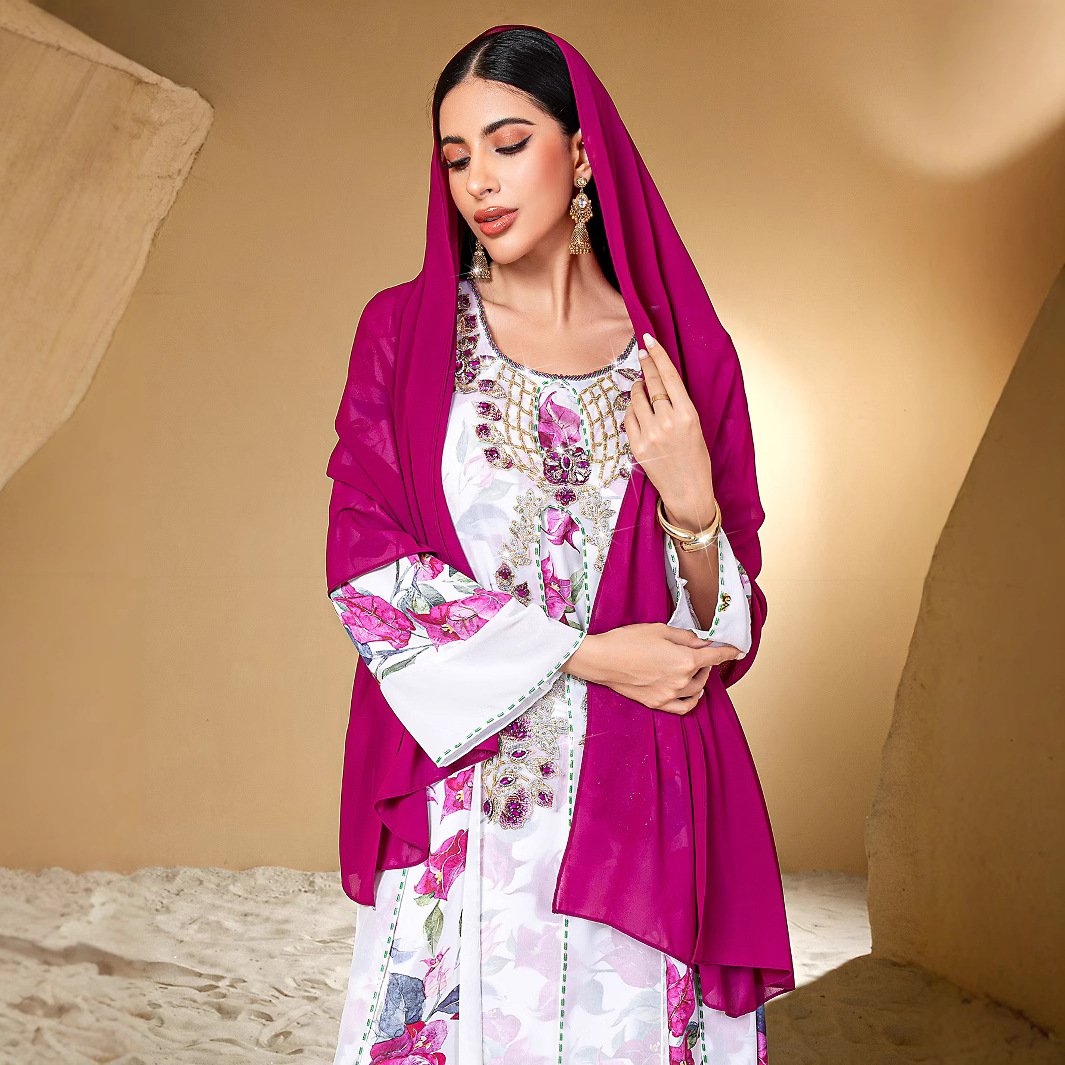 BA5065 Cross-border Long Robe, Hand-stitched Rhinestone Print Robe Dress