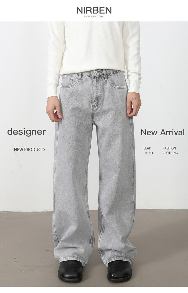 Quần jean nam ống rộng dáng suông thoải mái kiểu Mỹ, vải denim xử lý giặt mài, lưng trung, dài quần — Xanh da trờicolor, Xám đen, màu xám nhạt chi tiết 3