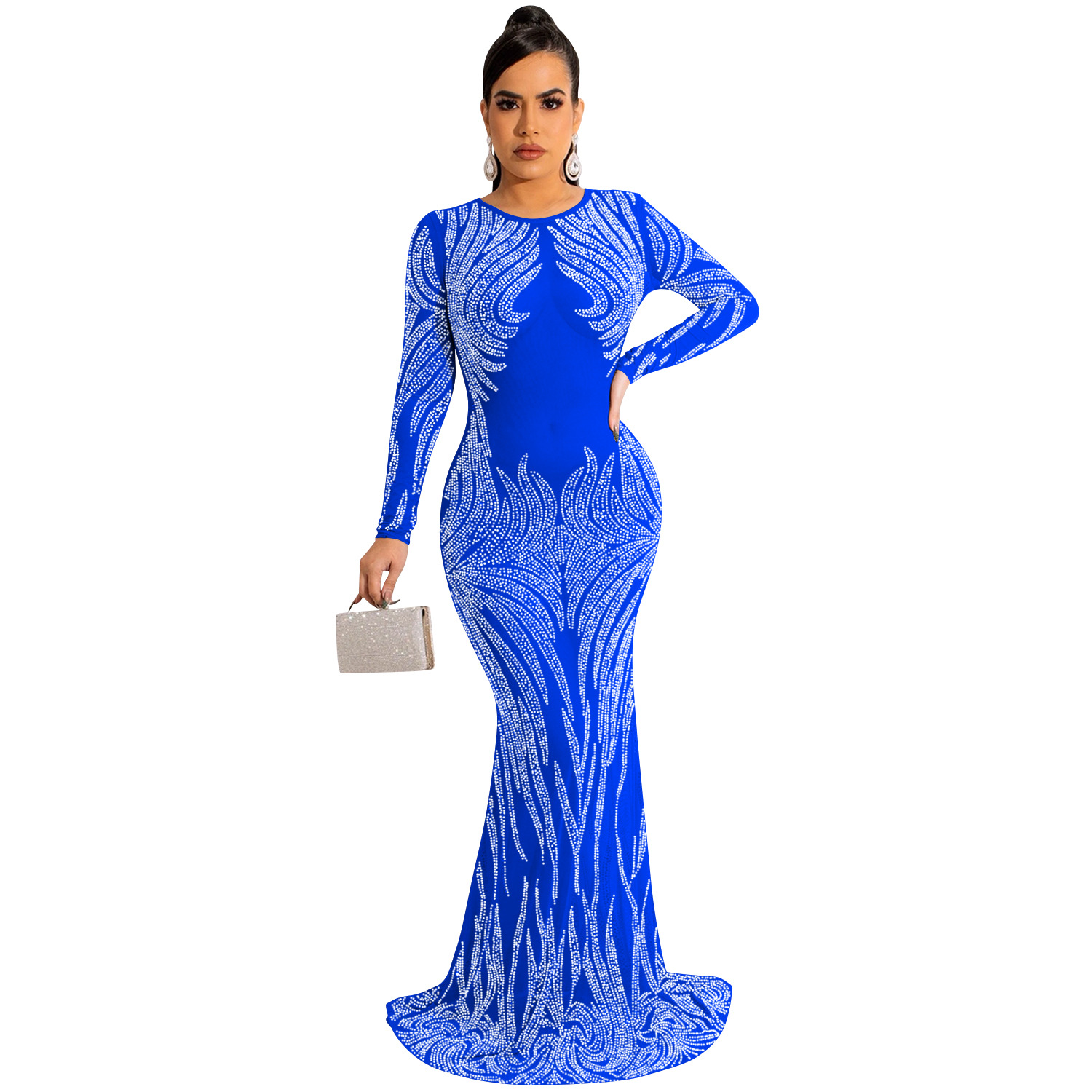 X5606 transfronterizo AliExpress Amazon club nocturno estilo sexy rhinestone malla perspectiva Vestido de manga larga vestido mujeres