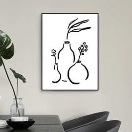 马蒂斯浪漫花朵装饰画手绘花瓶小众艺术壁画原木风简笔画黑白挂画