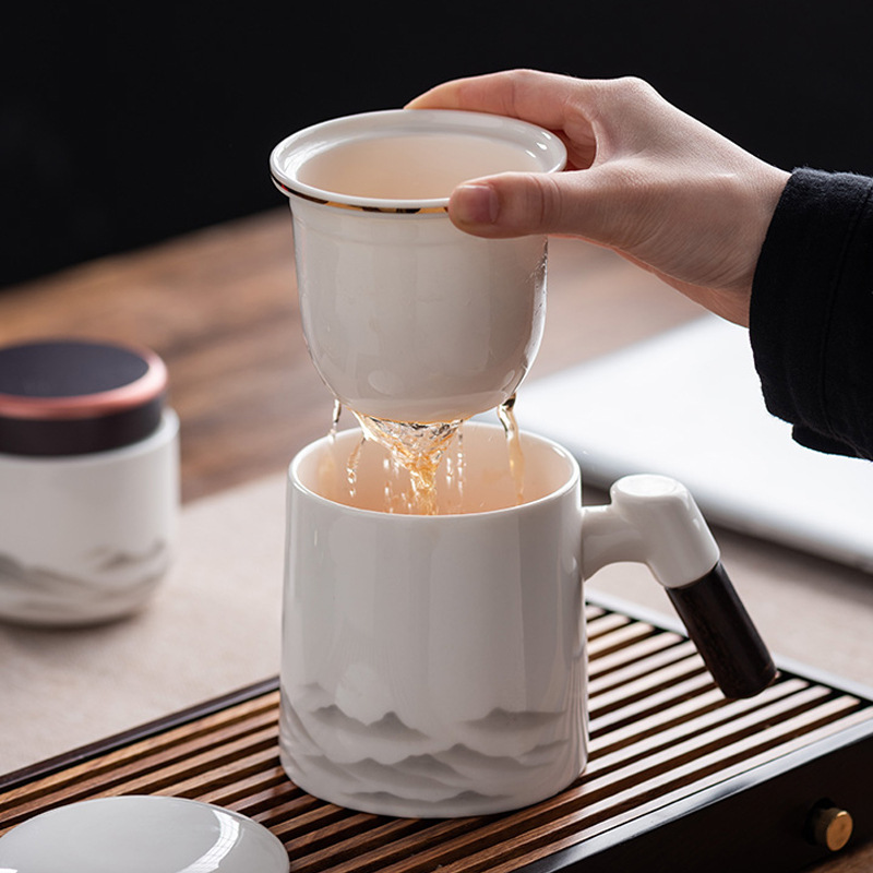 羊脂玉茶杯陶瓷杯茶水分离泡茶杯个人专用办公杯马克杯公司伴手礼