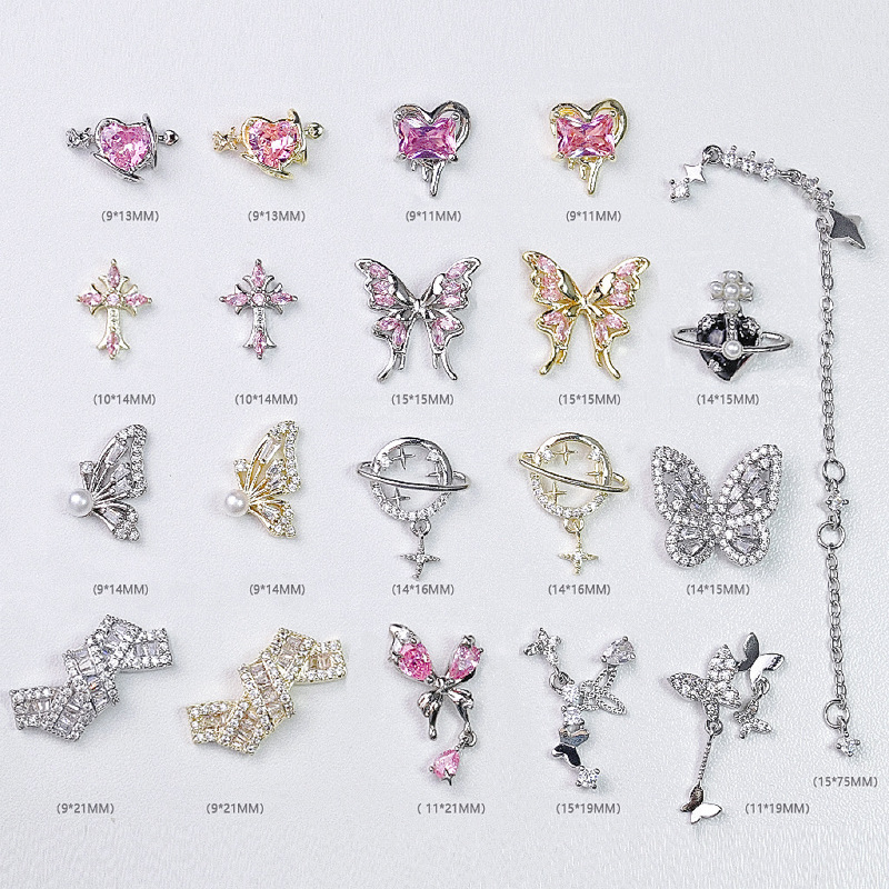 LZ same style nail jewelry wholesale internet celebrity flash pink zircon butterfly pendant tassel exquisite bow decoration