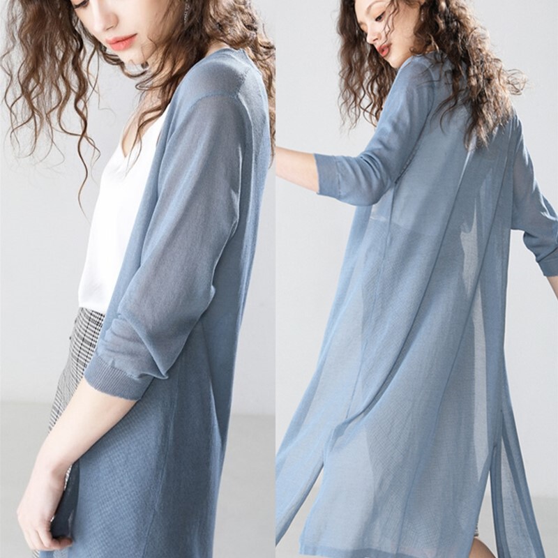 Cross-Border Women's Sun Protection Cardigan Summer Thin Mid-Length with Skirt Wool Knitted Air-Conditioning Shirt Ice Silk Jacket Three-Quarter Sleeves