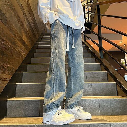 American style trendy brand denim jeans for men, spring and autumn straight leg loose wide leg casual long pants, summer thin model