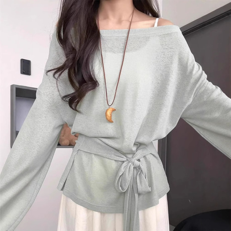 薄荷曼波绿色冰丝薄纱防晒罩衫女夏外搭微透空调T恤收腰露肩上衣