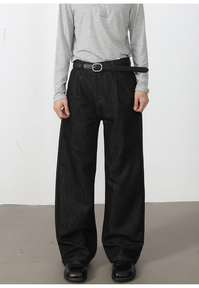 Quần jean nam ống rộng lưng trung, phom suông thoải mái, vải denim phối lụa sợi tổng hợp xếp li nhẹ — Cao bồi xanh, Cao bồi đen, Màu cà phê đậm chi tiết 14