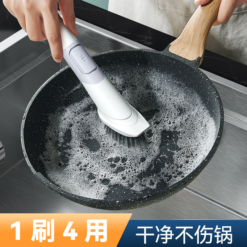 Wholesale Sponge Tpr Wood Pulp Cotton Cleaning Cloth Four-In-One Dishwashing Brush Lazy Person's Long-Handled Brush with Liquid Dispenser Cleaning Brush