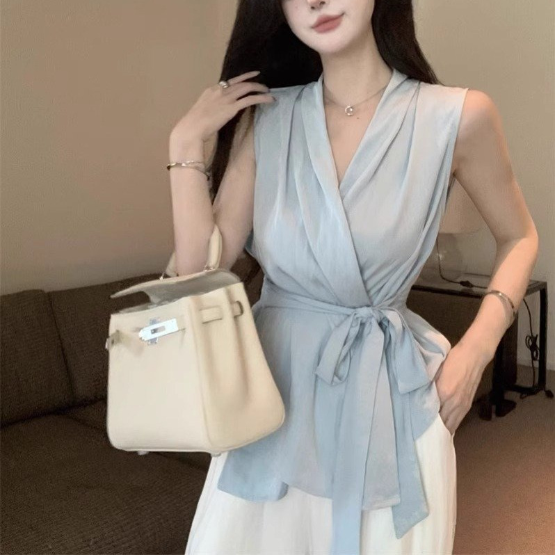 法式chic气质绑带露肩无袖衬衫女夏季高级感温柔洋气小衫收腰上衣|undefined