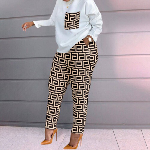 Women's clothing's new European and American fashion printed long-sleeved large-size loose women's casual suit