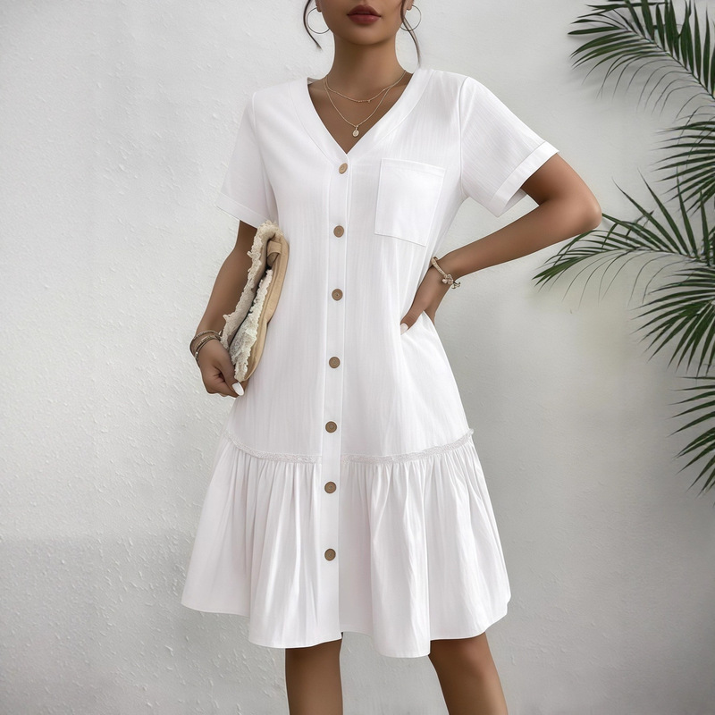 2026 Foreign Trade Summer Single-Breasted Women's Dress with Loose Pockets, Ruffled Hem, Casual Short Sleeves
