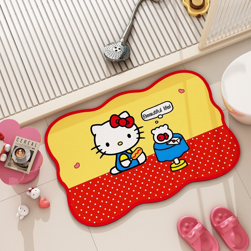 Cartoon Cute Kitty Cat Bathroom Floor Mat, Bathroom Water-Absorbent Quick-Drying Diatom Mud Floor Mat, Anti-Fall and Anti-Slip Foot Mat