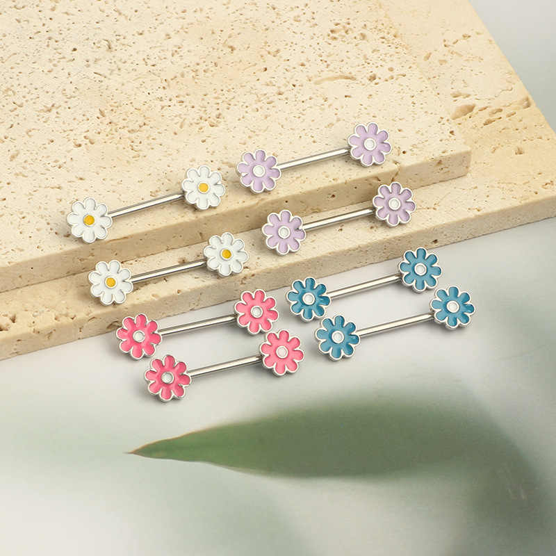 Blue Chrysanthemum Star Moon Nipple Ring Stainless Steel Symmetrical Piercing Jewelry for Women detail image 8
