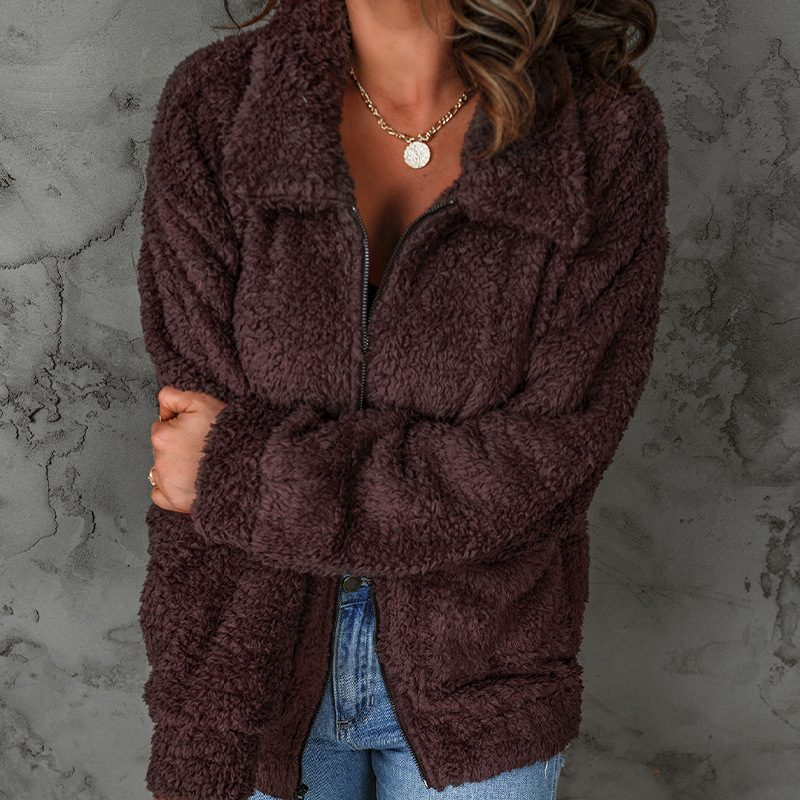 时颖毛绒外套女秋冬新款亚马逊翻领夹克外套女 欧美女装跨境