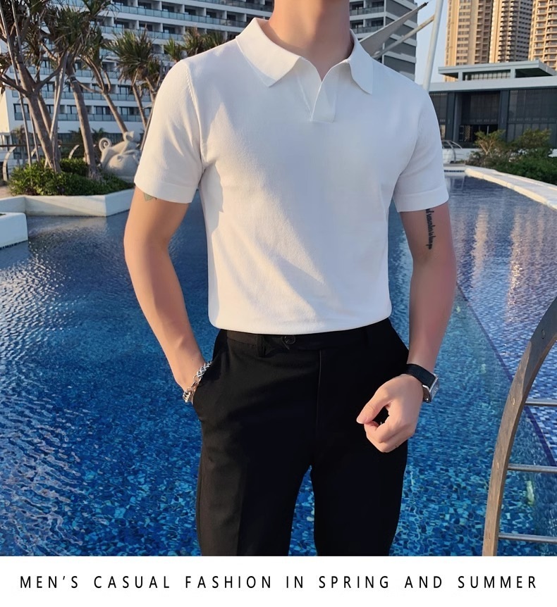 Men's Slim Fit Polo Shirt Silky Cotton Ice Silk Knitted Seagull Collar Short Sleeve Casual Workwear Trendy Sweatshirt_viptrois.com