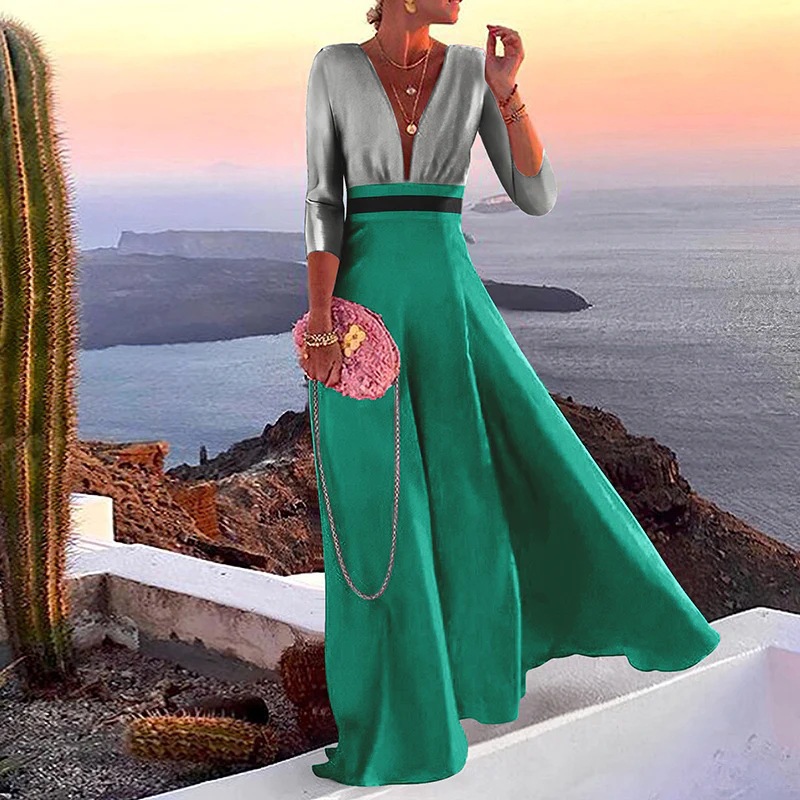 Fashionable Long Sleeve Deep V-Neck Color-Block Party Dress